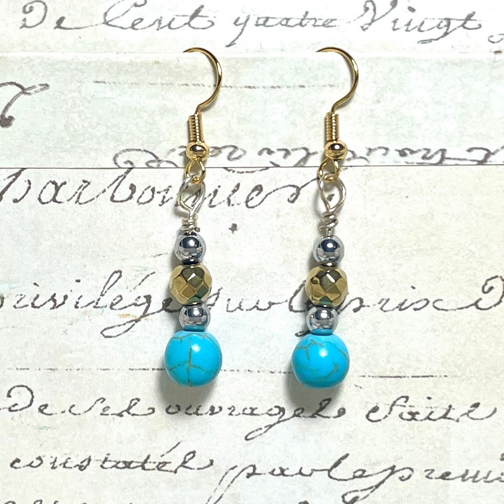 Artisan 18k Gold Plated and Turquoise Bead Dangle Earrings